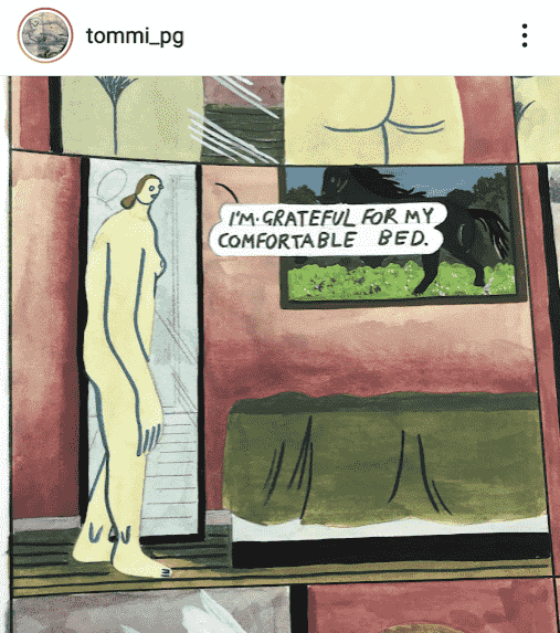 un dessin de tommi_pg sur instagram où une personne nue déclare 'i'm grateful for my comfortable bed'