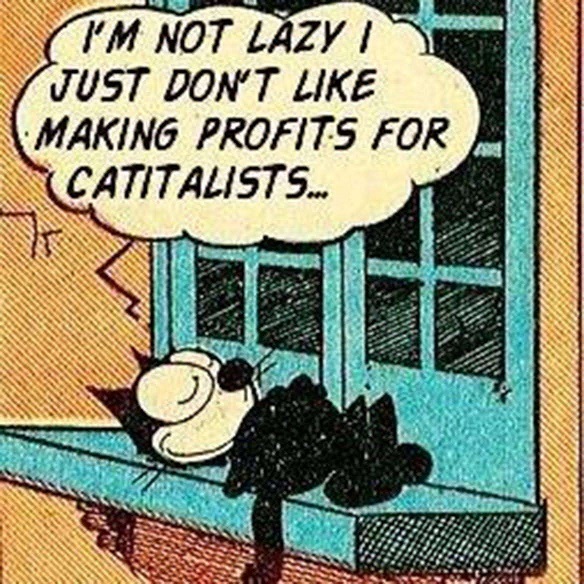 a drawing of a cat sleeping with a buble that says i'm not lazy i just don't like making profits for capitalists...