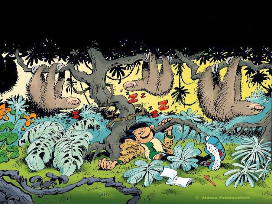 gaston lagaffe sleeping in the jungle with sloth